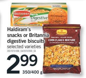 Fortinos Haldiram's snacks or britannia digestive biscuits, 350/400 g offer