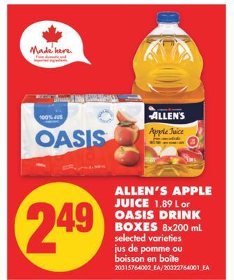 No Frills Allen's apple juice, 1.89 l or oasis drink boxes, 8x200 ml offer