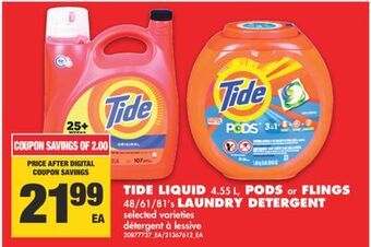 No Frills Tide liquid 4.55 l, pods or flings 48/61/81's laundry detergent offer