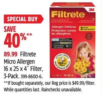 Canadian Tire Filtrete micro allergen 16 x 25 x 4˝filter, 3-pack offer