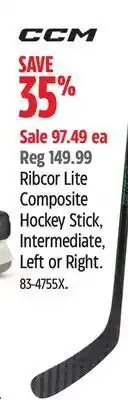 Canadian Tire Ccm ribcor lite composite hockey stick, intermediate, left or right offer