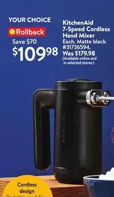 Walmart Kitchenaid 7-speed cordless hand mixer offer