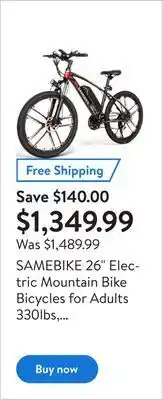 Walmart Samebike 26" electric mountain bike bicycles for adults 330lbs, 350w motor 48v 8ah removable lithium battery shimano 21 speed offer