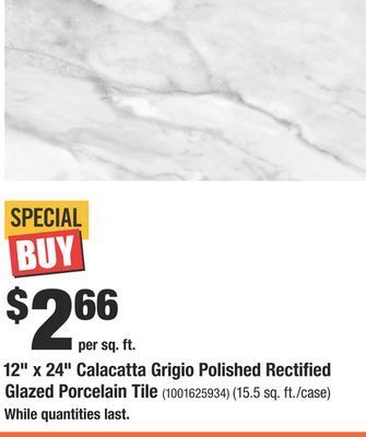 Home Depot 12" x 24" calacatta grigio polished rectified glazed porcelain tile offer