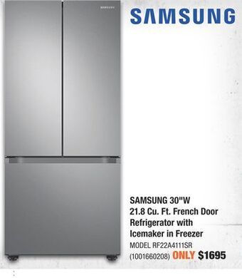 Home Depot Samsung 30"w 21.8 cu. ft. french door refrigerator with icemaker in freezer offer