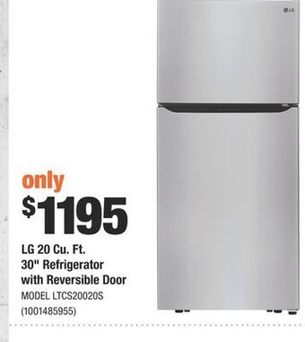 Home Depot Lg 20 cu. ft. 30" refrigerator with reversible door offer