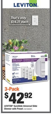 Home Depot Leviton® sureslide universal slide dimmer with preset offer