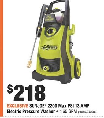 Home Depot Sunjoe® 2200 max psi 13 amp electric pressure washer offer
