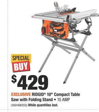 Home Depot Ridgid® 10" compact table saw with folding stand offer
