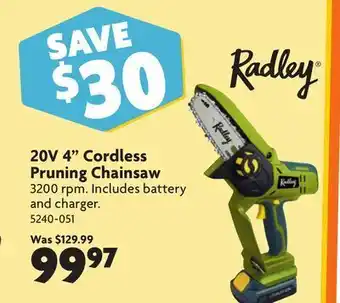 Home Hardware Radley 20v 4" cordless pruning chainsaw offer