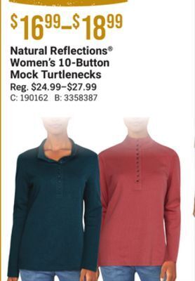 Bass Pro Natural reflections® women's 10-button mock turtlenecks offer