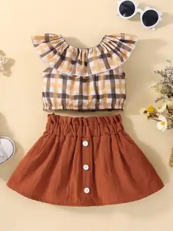 SheIn Baby plaid ruffle top & paperbag waist skirt offer