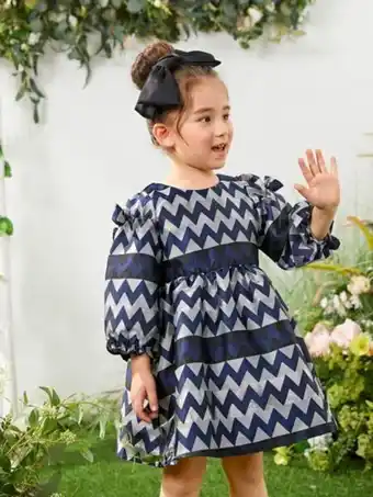 SheIn Shein toddler girls chevron print lantern sleeve bow detail dress offer