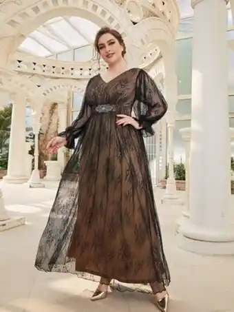 SheIn Plus rhinestone applique flounce sleeve lace dress offer