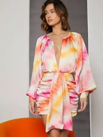 SheIn Tie dye notch neck lantern sleeve draped front dress offer