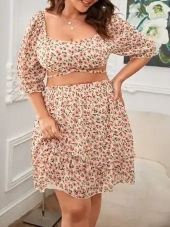 SheIn Plus ditsy floral print flounce sleeve tie back top & skirt offer