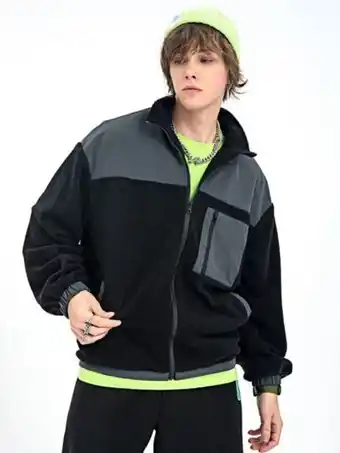 SheIn Men colorblock zip up pocket teddy jacket offer
