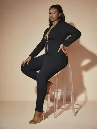 SheIn Shein sxy plus lace up zipper back denim jumpsuit offer