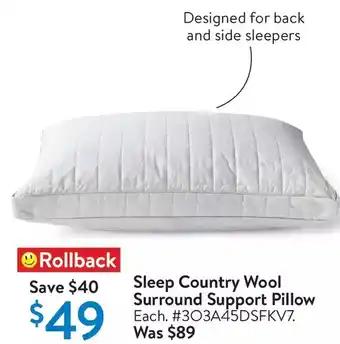 Walmart Sleep country wool surround support pillow offer