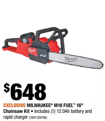 Home Depot Milwaukee m18 fuel 16" chainsaw kit offer