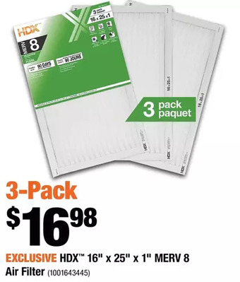 Home Depot Hdx 16" x 25" x 1" merv 8 air filter offer