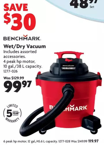 Home Hardware Wet/dry vacuum: 4 hp. 10 gal./38 l capacity | 6 hp. 12 gal./45.6 l capacity offer