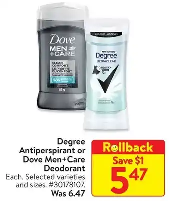 Walmart Degree antiperspirant or dove men + care deodorant offer