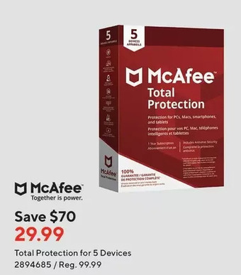 Staples Mcafee total protection for 5 devices offer