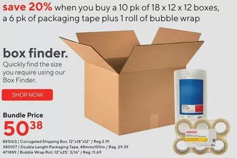 Staples Corrugated shipping box, double length packaging tape & bubble wrap roll offer