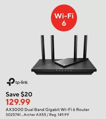 Staples Tp-link ax3000 dual band gigabit wi-fi 6 router offer