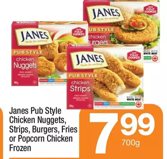 Highland Farms Janes pub style chicken nuggets, strips, burgers, fries or popcorn chicken offer