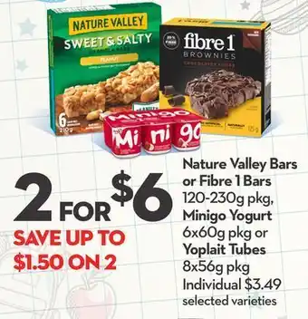 Longo's Nature valley bars or fibre 1 bars 120-230g pkg, minigo yogurt 6x60g pkg or yoplait tubes 8x56g pkg offer