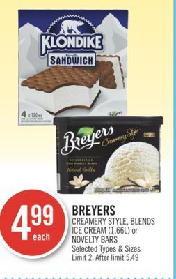 Shoppers Drug Mart Breyers creamery style, blends ice cream (1.66l) or novelty bars offer