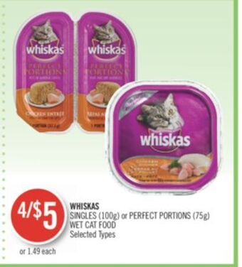 Shoppers Drug Mart Whiskas singles (100g) or perfect portions (75g) wet cat food offer