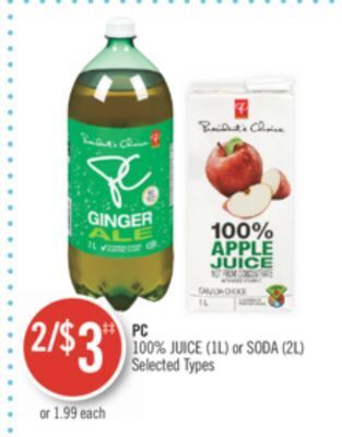 Shoppers Drug Mart Pc 100% juice (1l) or soda (2l) offer