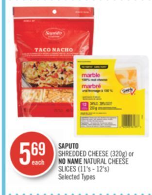 Shoppers Drug Mart Saputo shredded cheese (320g) or no name natural cheese slices (11's - 12's) offer