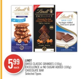 Shoppers Drug Mart Lindt swiss classic grandes (150g), excellence or no sugar added (100g) chocolate bar offer