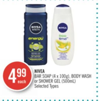 Shoppers Drug Mart Nivea bar soap (4 x 100g), body wash or shower gel (500ml) offer