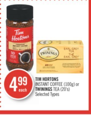Shoppers Drug Mart Tim hortons instant coffee (100g) or twinings tea (20's) offer
