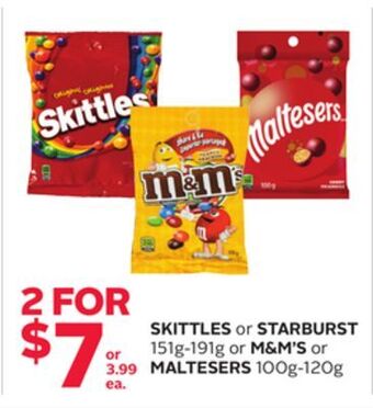 Rexall Skittles or starburst 151g-191g or m & m' s or maltesers 100g-120g offer