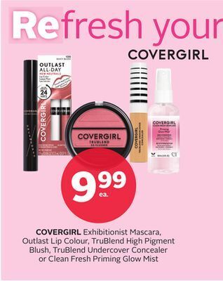 Rexall Covergirl exhibitionist mascara, outlast lip colour, trublend high pigment blush, trublend undercover concealer or clean fres offer
