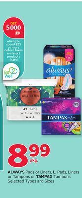 Rexall Always pads or liners, l. pads, liners or tampons or tampax tampons offer