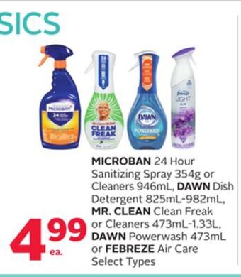 Rexall Microban 24 hour sanitizing spray 354g or cleaners 946ml, dawn dish detergent 825ml-982ml, mr. clean clean freak or cleaners offer