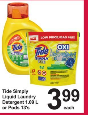 Pharmasave Tide simply liquid laundry detergent 1.09 l or pods 13's offer
