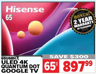 2001 Audio Video Hisense 65" uled 4k quantum dot google tv offer