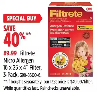 Canadian Tire Filtrete micro allergen 16 x 25 x 4" filter, 3-pack offer