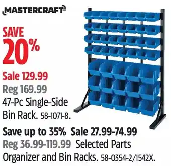 Canadian Tire Mastercraft 47-pc single-side bin rack | selected parts organizer and bin racks offer