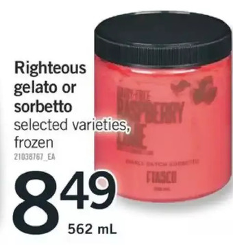 Fortinos Righteous gelato or sorbetto offer