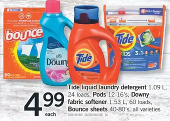 Fortinos Tide liquid laundry detergent, pods, downy fabric softener, bounce sheets offer