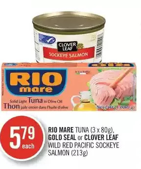 Shoppers Drug Mart Rio mare tuna, gold seal or clover leaf wild red pacific sockeye salmon offer